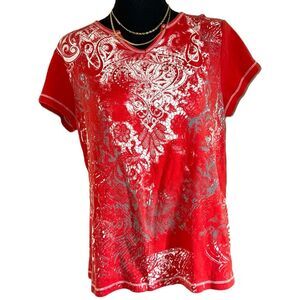 Vintage Y2K 2000s burnout red orange rhinestones skater graphic tee size large